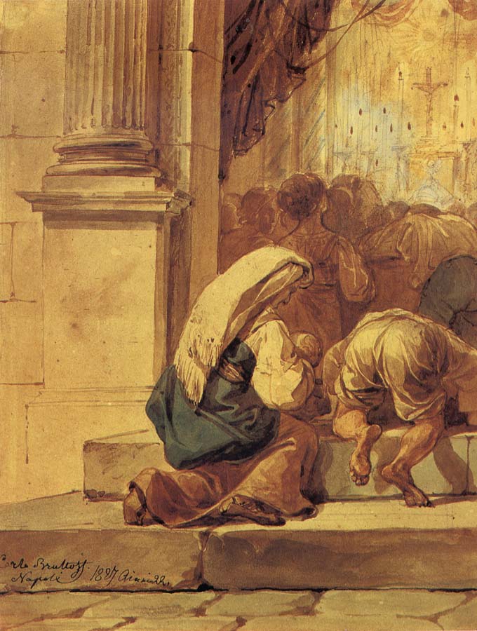 Scene on the threshold of a church